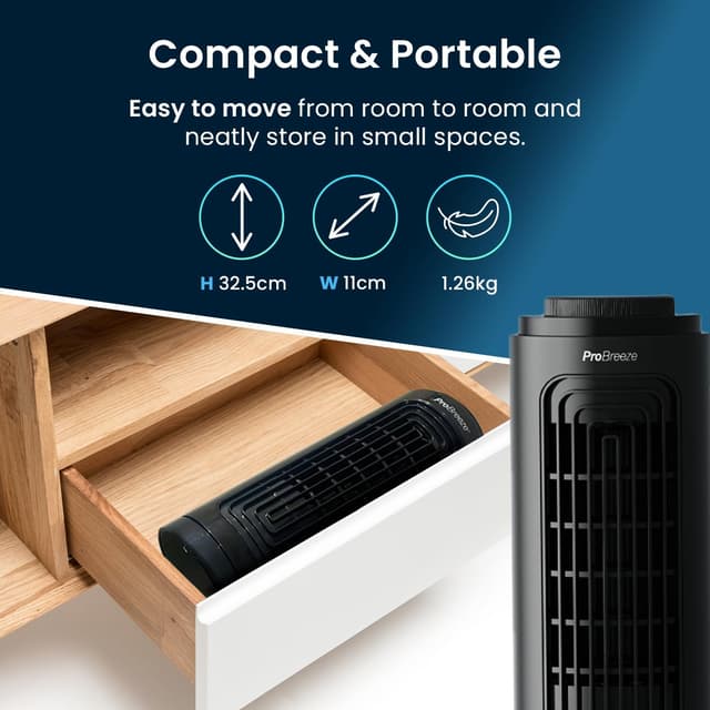 Detalle de Pro Breeze 13-inch desktop mini tower fan – small, quiet & portable desk fan (3 speeds, 70° auto-oscillation)