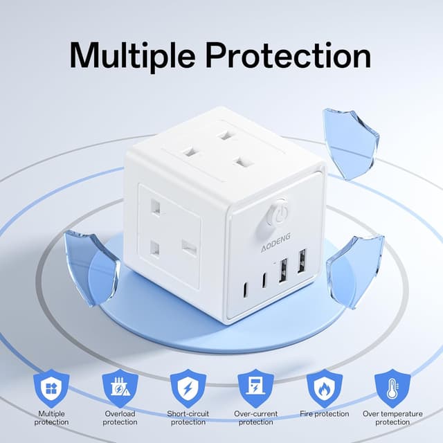 Detalle de 3M 3-Way Extension Lead with 4 USB (2 USB-A + 2 USB-C) and 3m Cable for Home Office