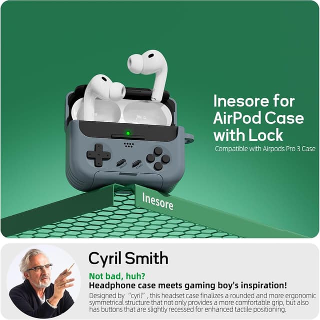 Detalle 2 de Inesore AirPods Pro 3 Case Cover (2025) with Cleaner Kit and Safety Lock – Classic Game Console Design, Black