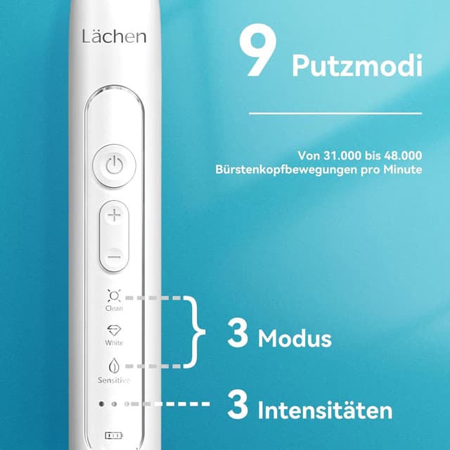 Detalle de Lächen Sonic Schallzahnbürste RM-T8B mit Timer, 3 Modi, 4 Aufsteckbürsten & Reisetasche (A-weiß)