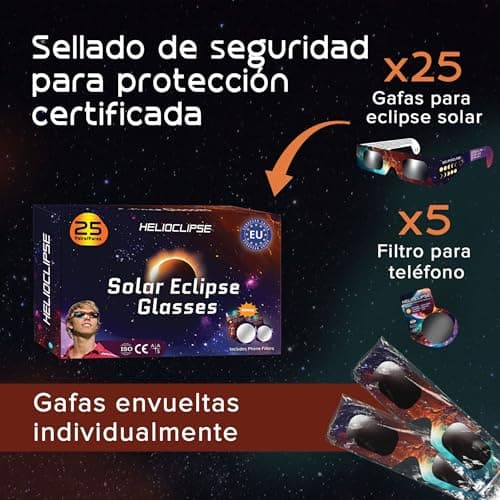 Detalle 2 de Helioclipse Pack de 25 gafas de eclipse solar homologadas ISO 12312-2 (CE) para ver el Eclipse 2026