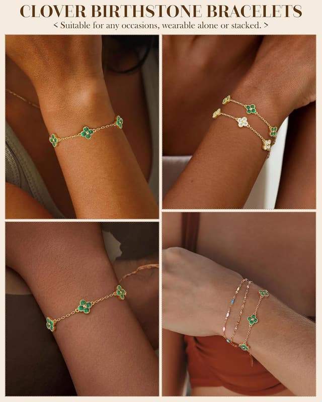 Thumbnail 6 de ZNBOH Kleeblatt-Armband für Damen, 18K vergoldet, mit Geburtsstein und Zirkonia