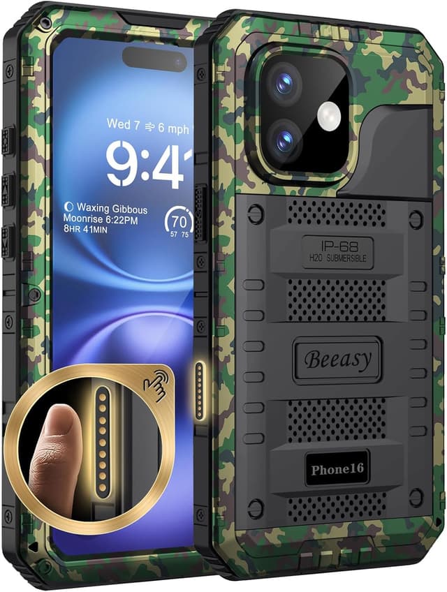 Detalle de Beeasy Robust Series Waterproof iPhone 16 Case (Camo) — heavy duty full-body protection with built-in screen cover