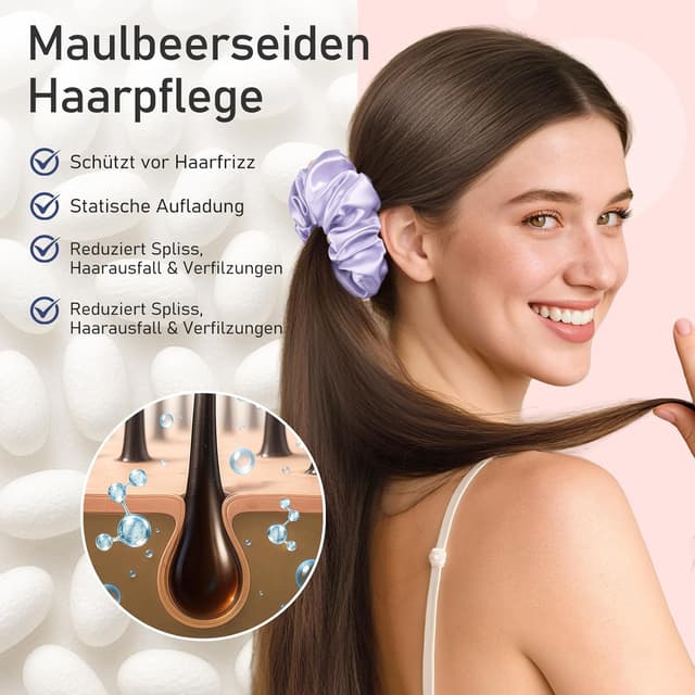 Detalle de LitBear Seiden Scrunchies 3er Set – Haargummis aus 100% Maulbeerseide in 3 Größen