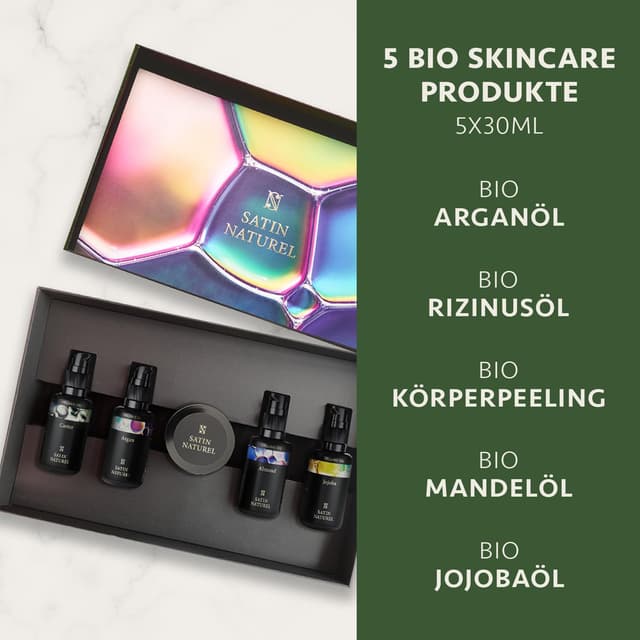 Detalle 2 de Satin Naturel luxuriöses Geschenkset mit Bio-Arganöl, Bio-Rizinusöl, Mandel- & Jojobaöl sowie Body Scrub aus Totes Meer Salz