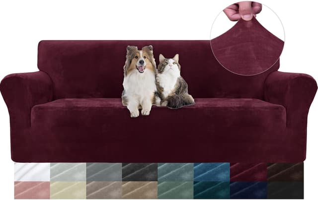 Detalle de YSTELLAA copridivano in velluto elasticizzato 3 posti con braccioli antistrappo anti-graffio (Bordeaux)