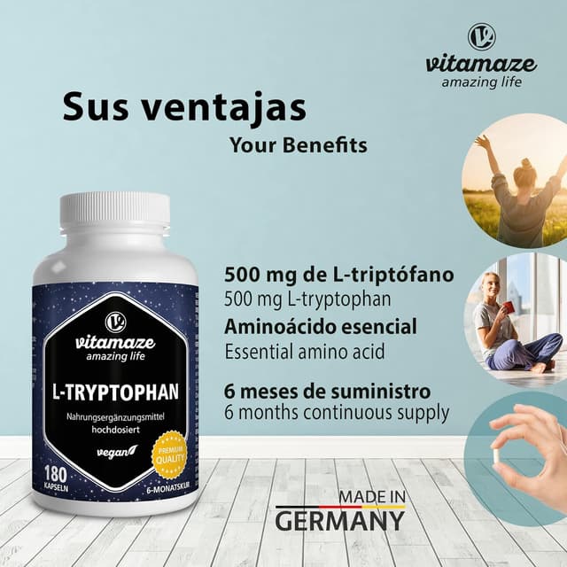 Detalle 2 de Vitamaze L-Triptófano Puro 500mg 🌱 Cápsulas para Sueño Reparador