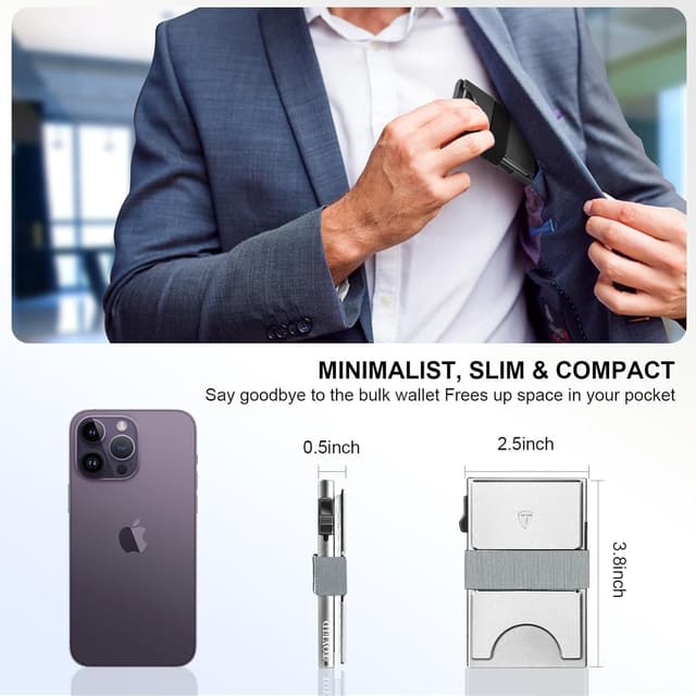 Detalle de TOYFID RFID Kartenhalter für 12 Karten & Papiergeld, Aluminium, silber – schlankes Herren-Kartenetui mit Auswurfknopf