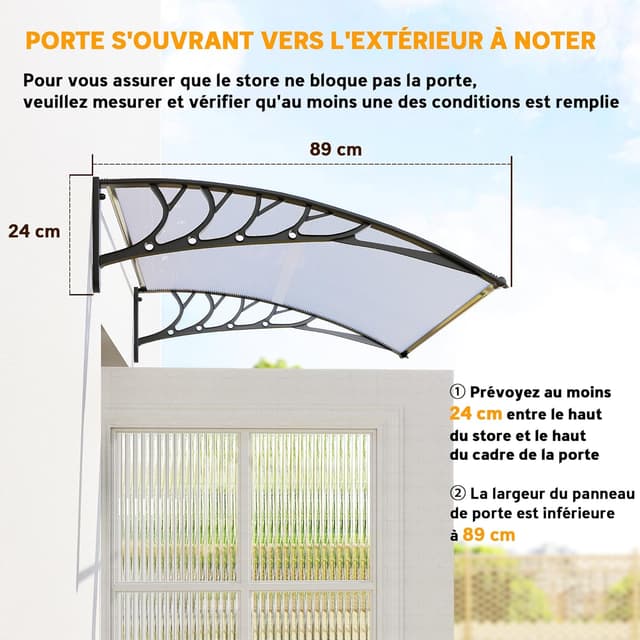 Detalle de Auvent de porte Outsunny en polycarbonate 122x89 cm – Marquise blanche pour protection pluie et UV