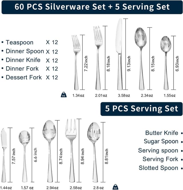 Detalle 2 de KINGSTONE 65-Piece 18/10 Stainless Steel Silverware Set for 12 (Dishwasher Safe, Mirror Finish)