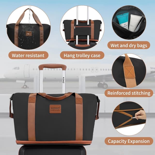 Detalle de KONO 4-tlg. Reisekoffer-Set (55 cm Handgepäck) mit Beautycase & Kulturbeutel in Schwarz/Braun