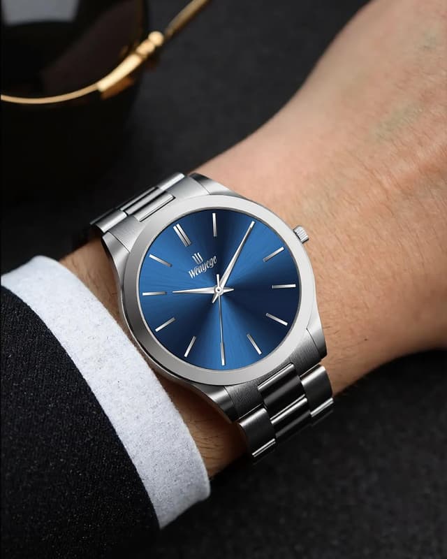 Detalle de Weayege Herren Analog-Uhr mit Quarzwerk und Edelstahl-Meshband (44 mm)