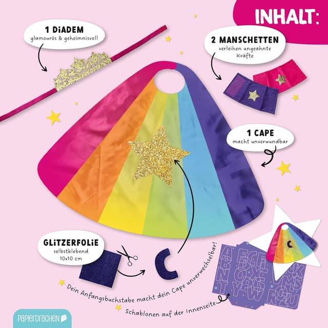 Detalle de Papierdrachen Superhelden-Set – Kostüm Komplettset mit Diadem, Umhang, Manschetten & Glitzerfolie