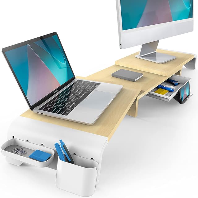 Detalle de Fenge Dual Monitor Stand (Oak) – adjustable length and angle with 3 shelves