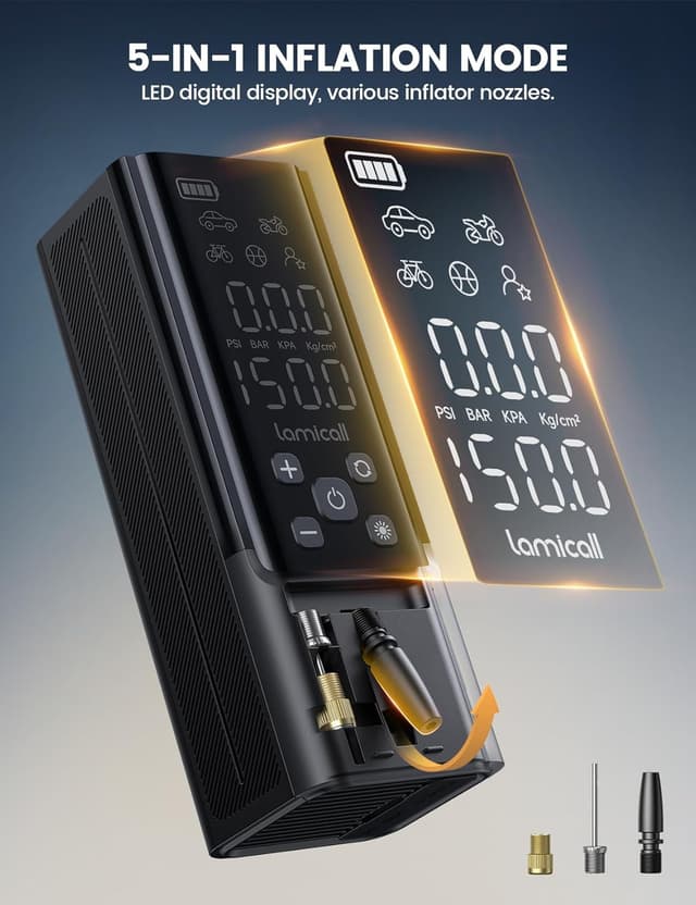 Detalle 1 de Lamicall Portable Car Tire Inflator (150 PSI) Cordless Air Compressor with Pressure Gauge & LED