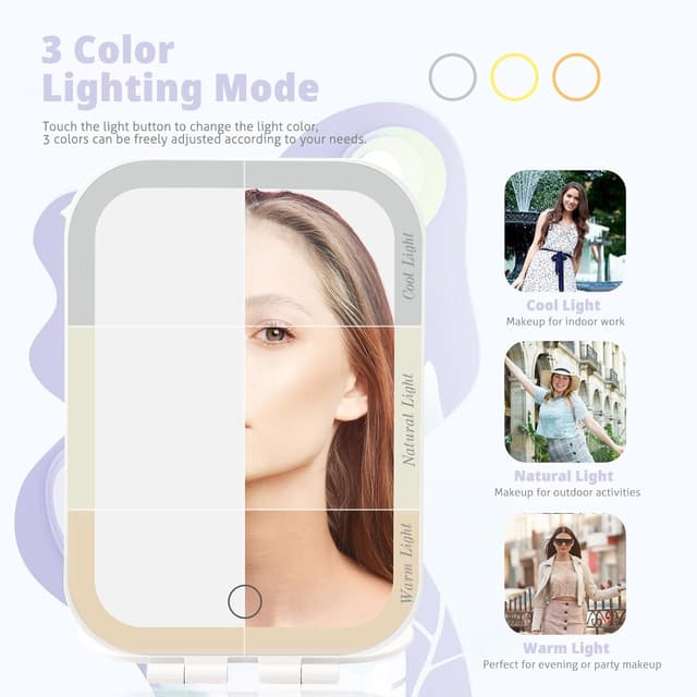 Detalle de TREASO Travel Makeup Mirror with 3 Adjustable Light Settings (USB-Rechargeable, Portable)