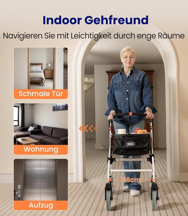Detalle de VOCIC Z32 Lite Rollator schmal für die Wohnung – faltbar & leicht, Indoor-Rollator mit leisen PU-Reifen