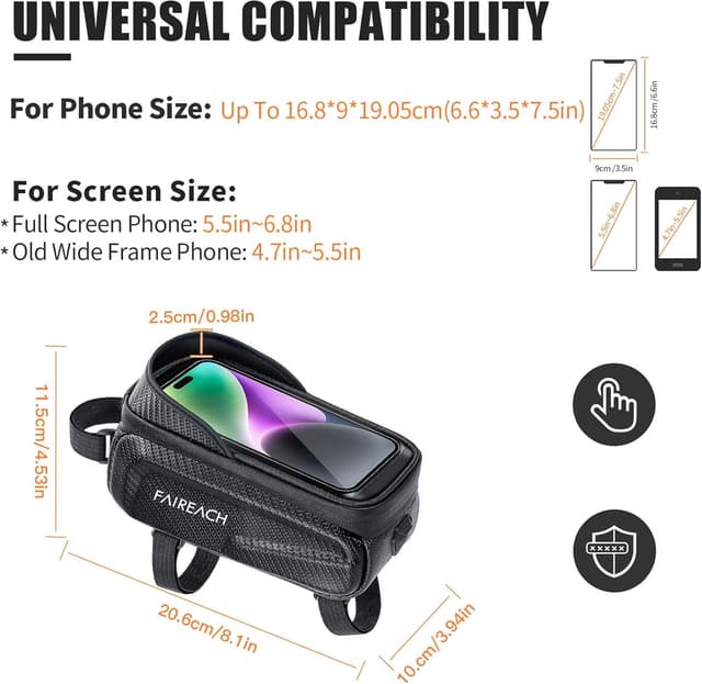 Detalle 2 de Faireach Bike Handlebar Bag with Mobile Phone Holder (waterproof, touchscreen window) for phones up to 6.8