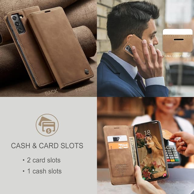 Detalle de Lxisxcna Klapphülle für Samsung Galaxy S21 5G (6,2 Zoll) – PU Leder-Flip Case mit Kartenfach, Geldfach & Standfunktion (Braun)