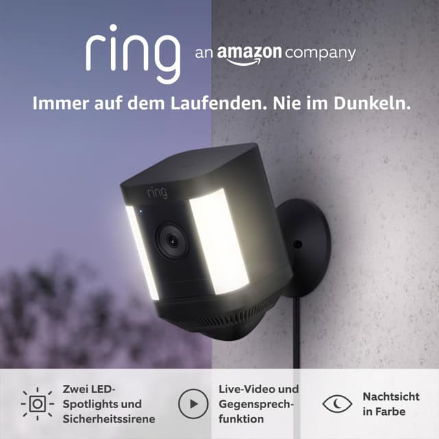 Detalle de Ring Spotlight Kamera Plus Netzstecker (Spotlight Cam Plus) – Außenkamera mit WLAN, LED-Strahlern, Nachtsicht und Sirene
