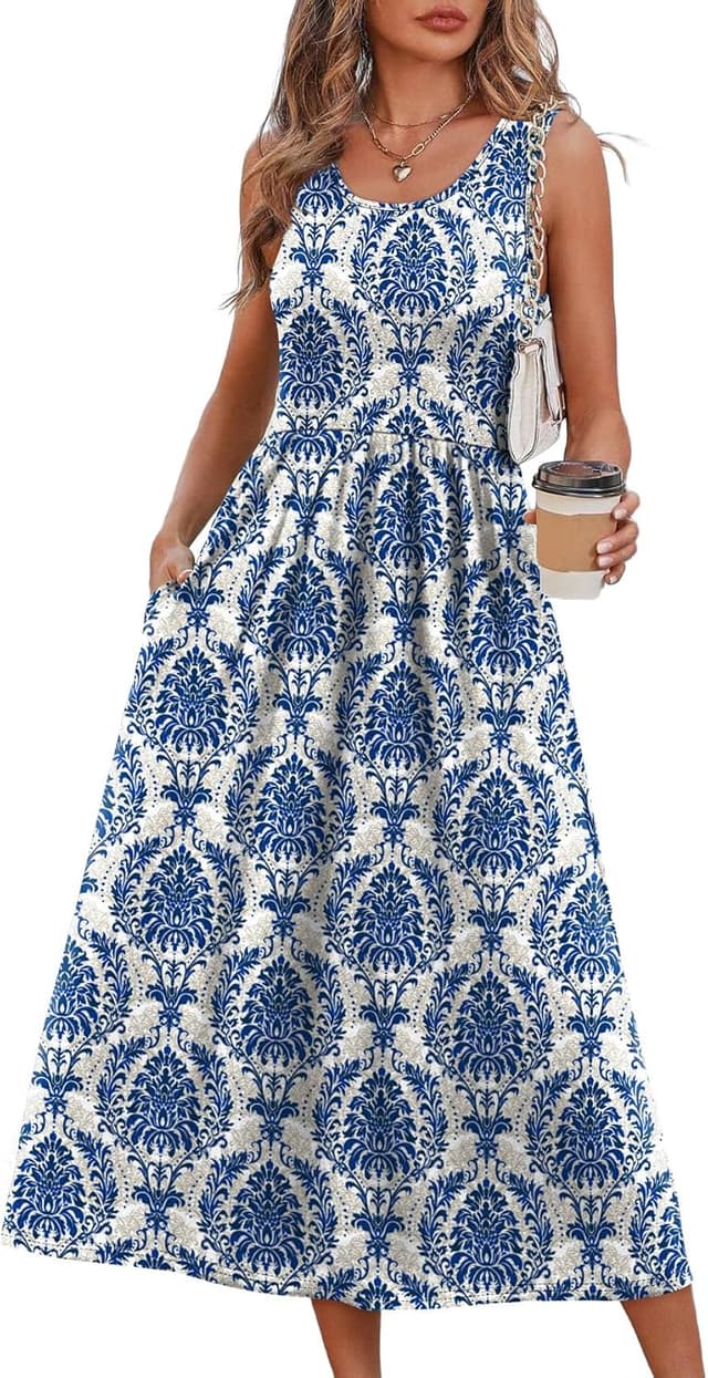 Detalle de WIHOLL Flowly Casual Midi Dress with Pockets for Women — Scoop Neck, Sleeveless Tank Style