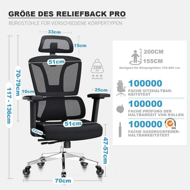 Detalle 2 de MELOKEA Bürostuhl ergonomisch mit 4D-Armlehnen, verstellbarer Sitztiefe & Lordosenstütze (bis 200 kg)