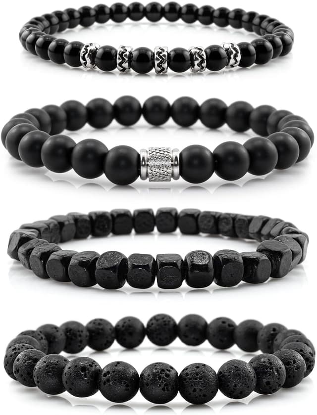 Detalle de Lameybrt Herren Armband-Set Multi mit Natursteinen (Tigerauge/Matte Achat/Lava) – verstellbar, Set für verschiedene Anlässe