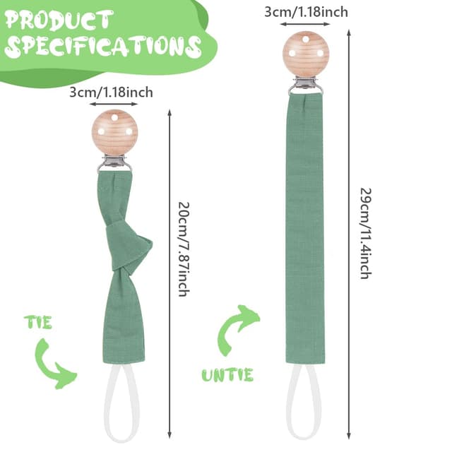 Detalle 2 de Vicloon Schnullerkette aus Baumwolle (3er-Set) mit Clip, für Mädchen & Jungen – Grün