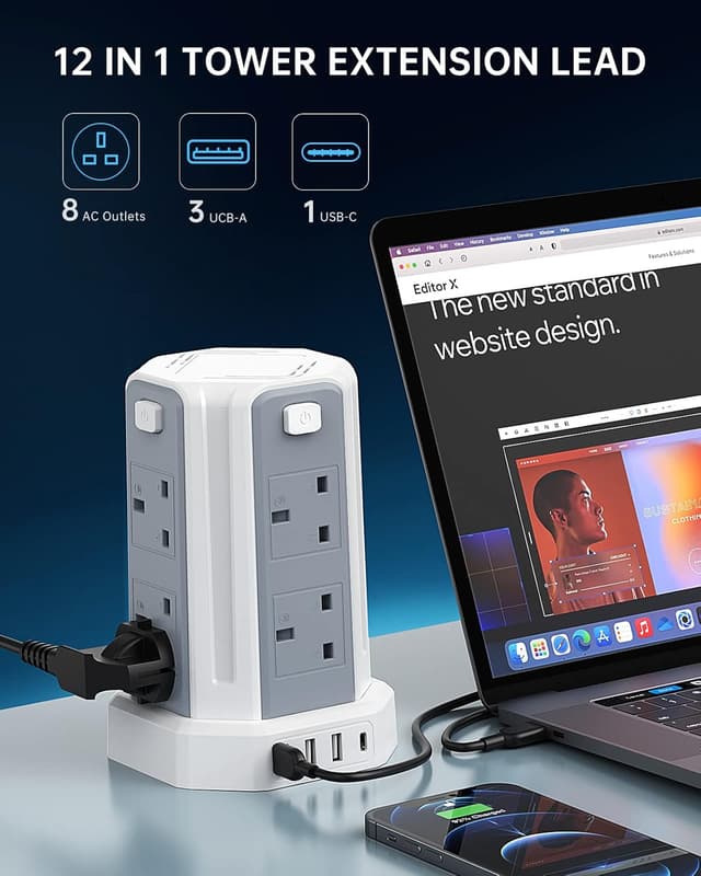 Detalle de Tower Extension Lead 3250W 13A with 8 AC & 4 USB ports ๐