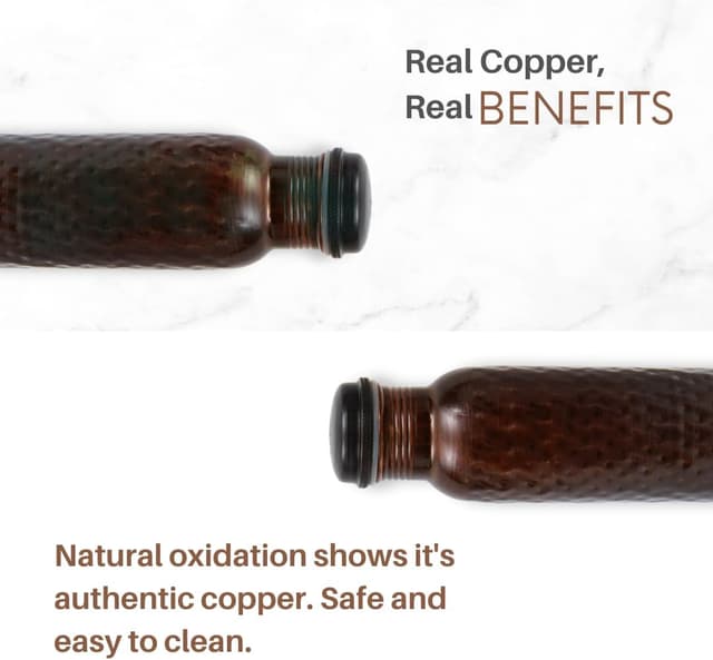 Detalle 2 de AVA DESIGNZ hand-hammered black copper water bottle (950 ml) with leakproof lid & canvas bag set