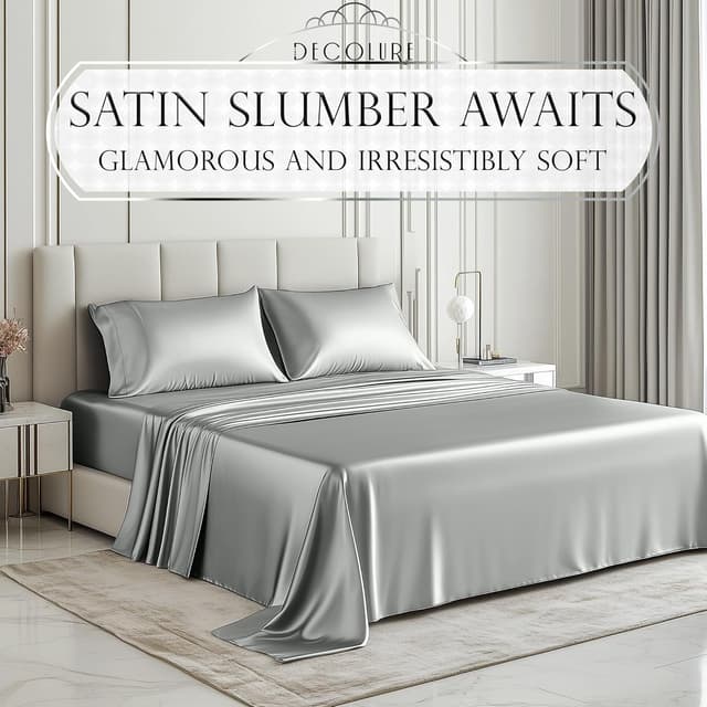 Detalle de DECOLURE Satin Bed Sheets (4-Piece) for Queen Size with 15” Deep Pocket Fitted Sheet – Grey