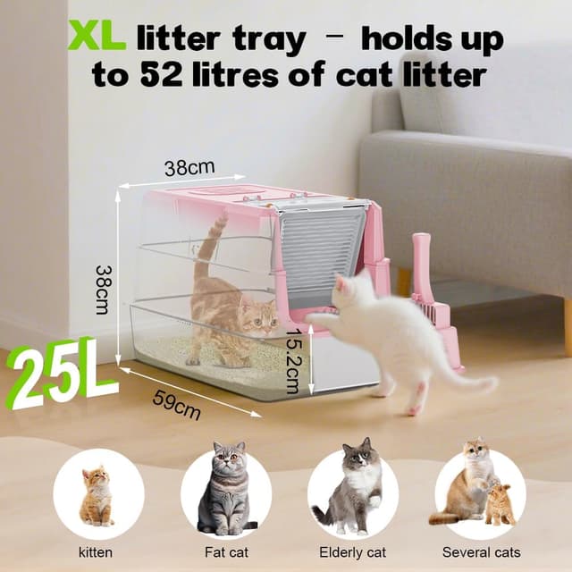 Detalle 2 de SZEE Stainless Steel Cat Litter Tray with Lid (Pink) — Easy-clean covered tray