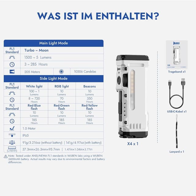 Thumbnail 6 de WUBEN X4 Mini LED Taschenlampe mit RGB-Licht, 1500 Lumen und IP65 (ladbar, EDC, Camping, Notfall)