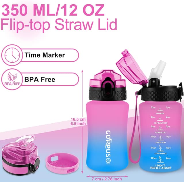 Detalle de GOPPUS 350ml/12oz Kids Straw Water Bottle with Flip Top Lid, Strap & Time Marking (BPA-free, Rose Blue)