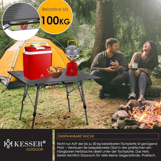 Detalle de KESSER® faltbarer Campingtisch mit Aluminiumrahmen, höhenverstellbar und Tragetasche (120 x 70 cm)