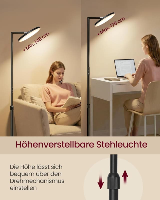 Detalle de VASAGLE LED-Stehlampe LFL008BD02 für Wohnzimmer & Schlafzimmer – höhenverstellbar, drehbarer Kopf, Timer, Memory