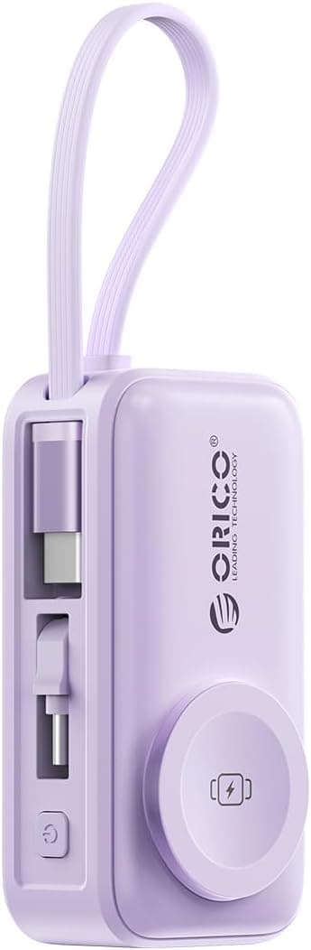 Detalle de ORICO Mini Power Bank 5000 mAh (PD 22,5 W) avec USB-C pliable et câble intégré, violet