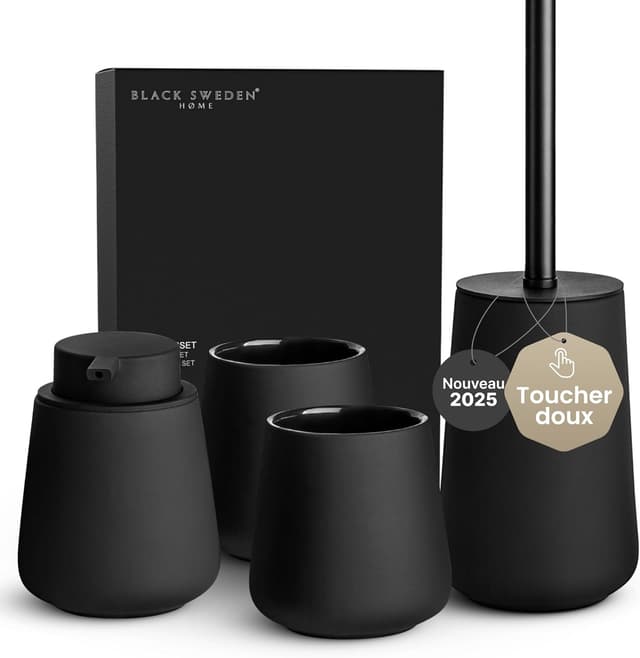 Detalle de Black Sweden Home ensemble salle de bain noir mat : distributeur de savon, gobelets et brosse WC en céramique
