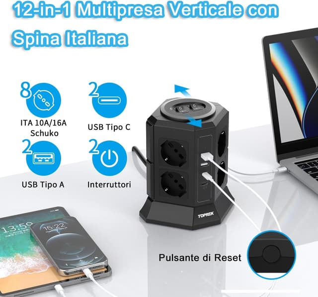 Detalle de TOPREK Multipresa verticale 8 prese universali ITA + USB-C/USB-A 4000W/16A con cavo 2 m