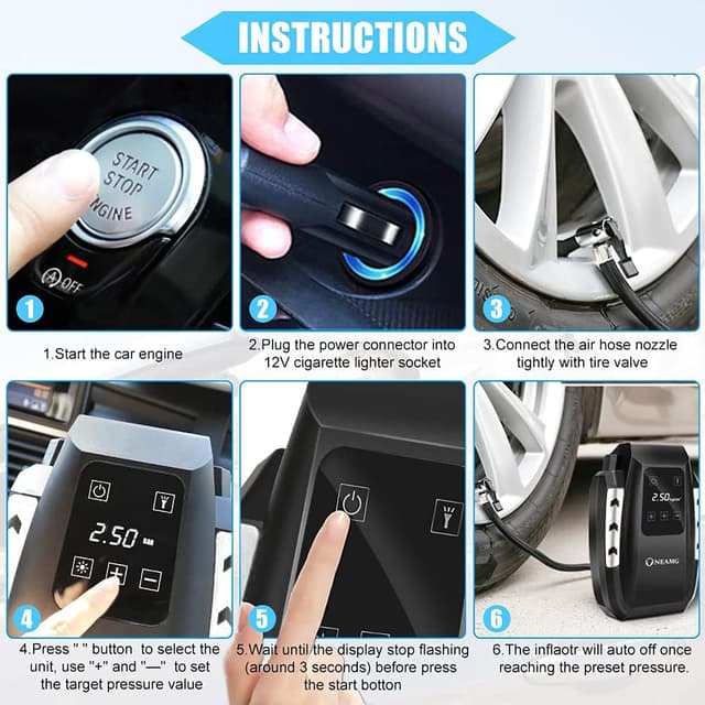 Detalle 2 de 12V Luftkompressor für Autos: digitaler Reifenfüller mit Touchscreen und LED-Lampe (150 PSI, 3 m Kabel)