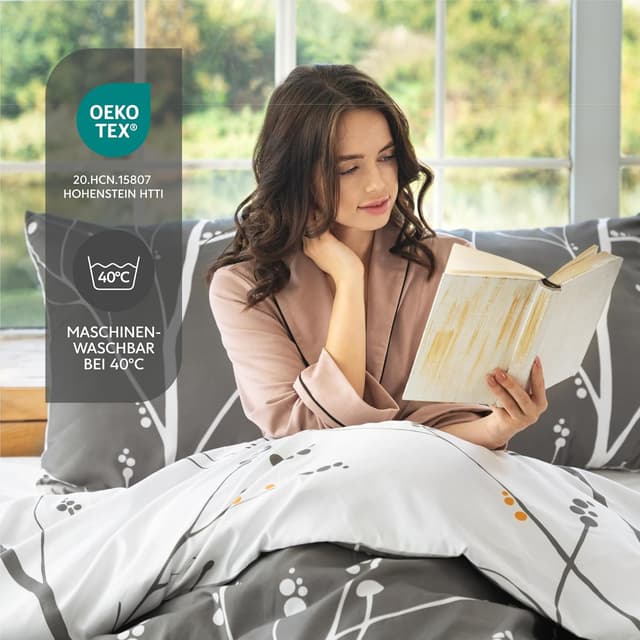 Detalle de Dreamzie Bettwäsche-Set 135x200 cm (4-teilig) mit Zweige-Muster Grau, 2 Kissenbezügen 80x80 cm aus 100% Mikrofaser