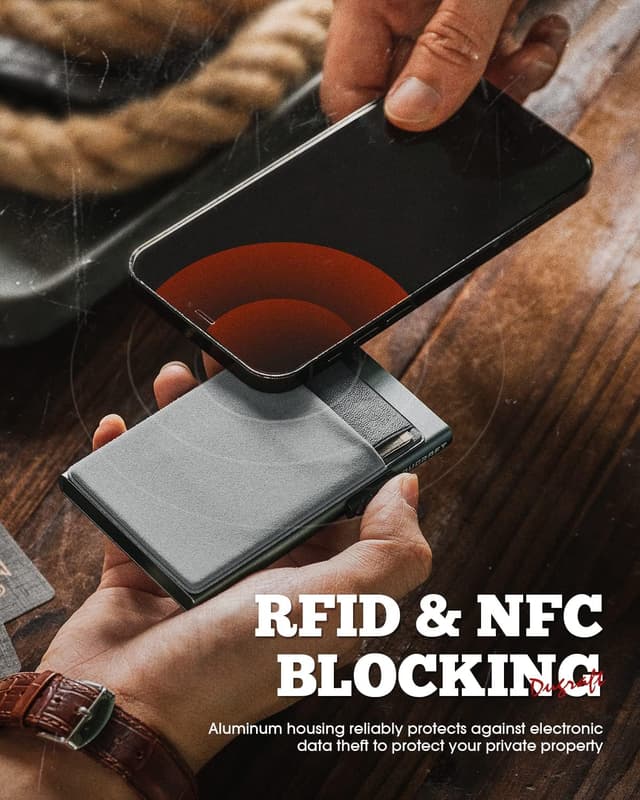 Detalle 2 de DUGRAFT Men’s Pop-Up Credit Card Holder Wallet – Slim RFID-Blocking Aluminium with Coin Pocket (Grey)