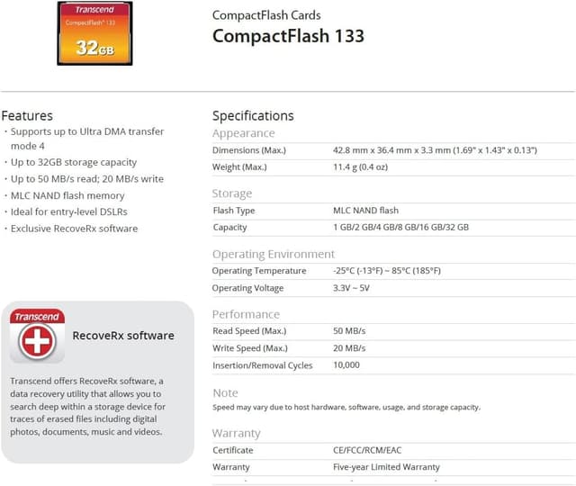 Thumbnail 6 de Transcend Tarjeta CompactFlash 32GB 🚀 Up to 50MB/s TS32GCF133