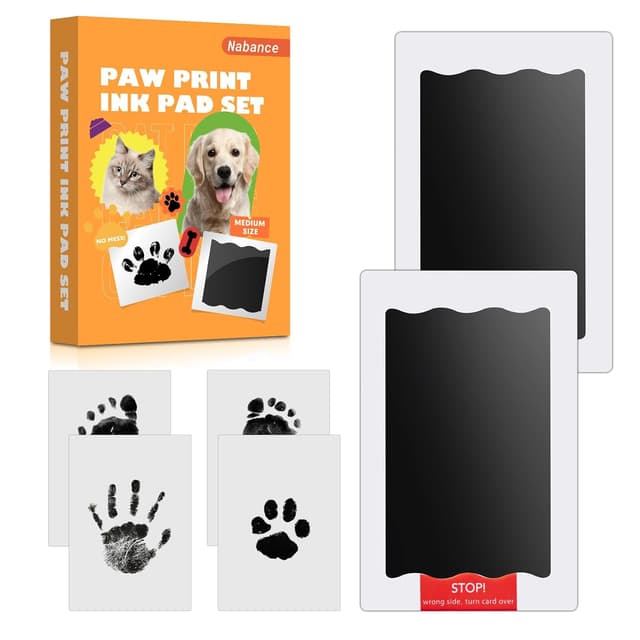 Detalle de 2-teiliges Baby-Fußabdruck & Pfotenabdruck-Set (Hund & Katze) mit 4 Karten, 2 Stempelkissen und Geschenkbox