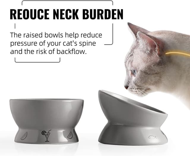 Detalle de Sweejar Home Raised Cat Bowls Set (Tilted Food Bowl & Deep Water Bowl) – Ceramic, Set of 2, Gray