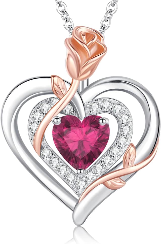 Detalle de LAVUMO Collier femme argent sterling 925 et laiton, pendentif double cœur rose et fleur avec pierre de naissance