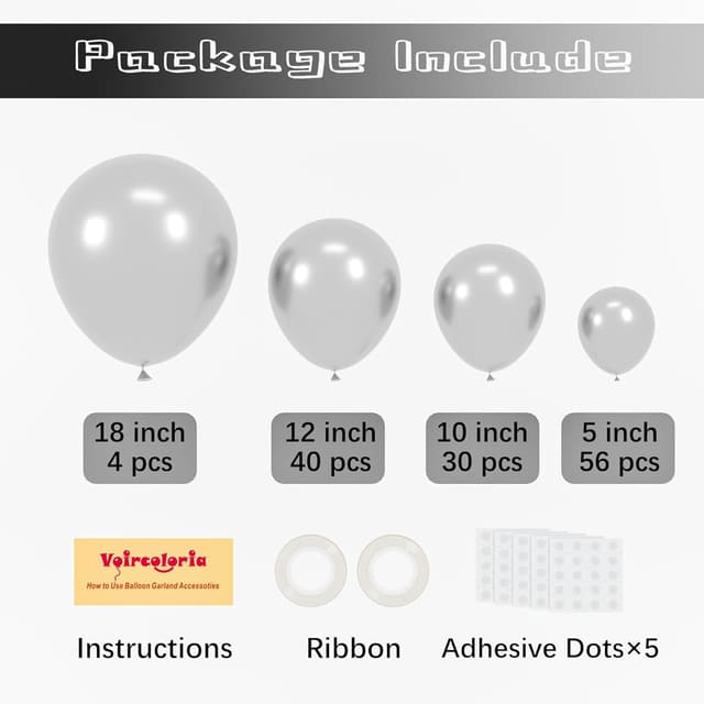 Detalle de Voircoloria 130pcs Metallic Silver Balloons Garland Arch Kit (18", 12", 10", 5")