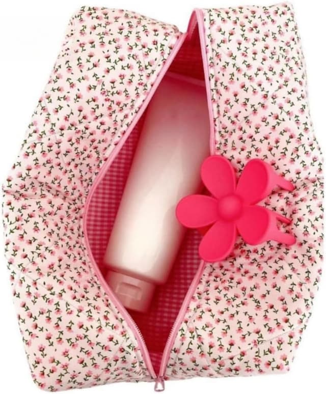 Detalle de Aucuu Borsa da toilette da viaggio trapuntata floreale: beauty case in cotone con zip