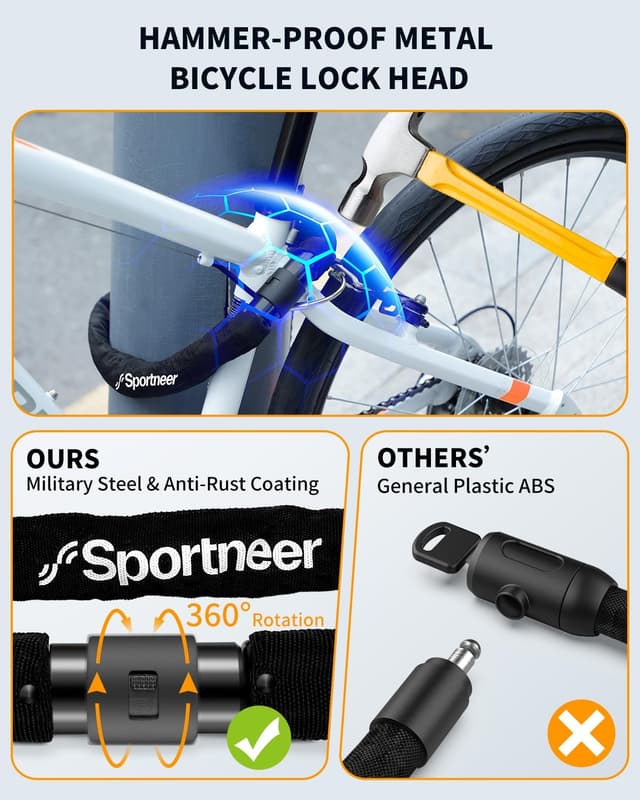 Detalle de Sportneer lucchetto a catena per bici in acciaio temprato con 2 chiavi, 8 mm x 120 cm