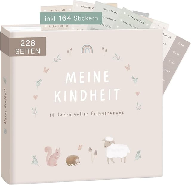 Detalle de mintkind® Erinnerungsalbum Kindheit Beige – Babybuch mit Sticker-Set, Hardcover-Fotoalbum (0–10 Jahre)